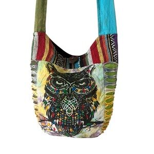 Crossbody bag. Colorful Owl Hippie Boho Festival vibe. Tapestry detailing